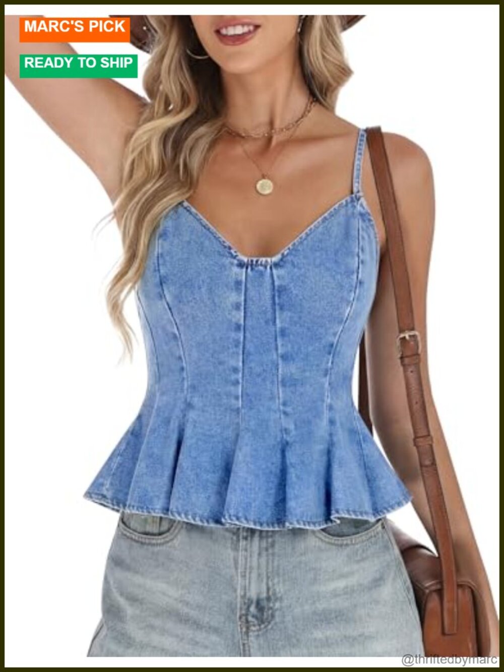 Peplum Denim Halter Top V-Neck Crop Corset Tank Adjustable Straps
